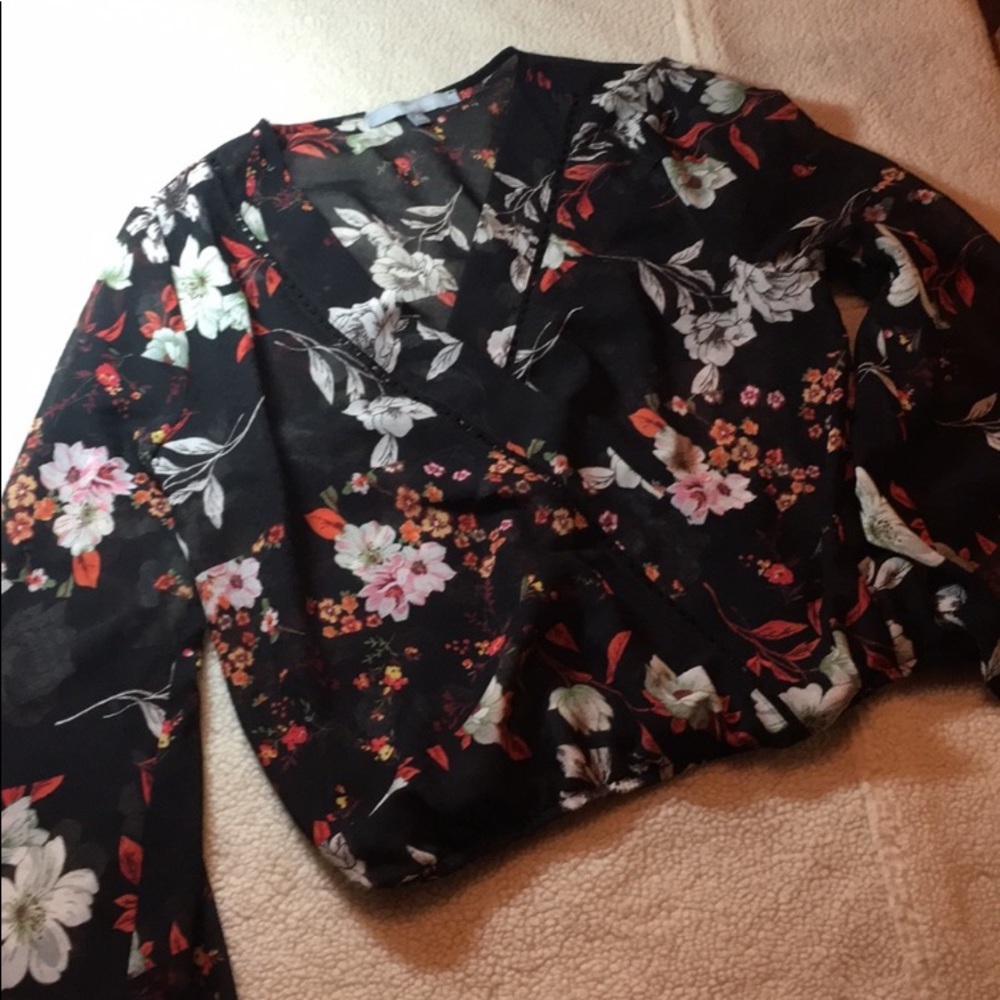 Sweet Rain Blouse Size Small, worn once. Black sheer blouse with floral design.